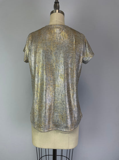 Foil Print V Neck Knit Top Silver Green S/S D28810