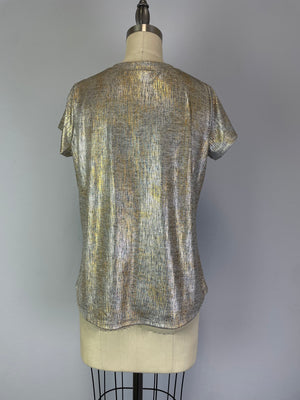 Foil Print V Neck Knit Top Silver Green S/S D28810