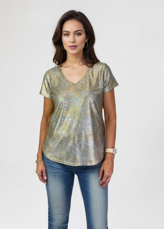 Foil Print V Neck Knit Top Silver Green S/S D28810