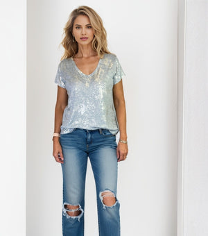 Short Sleeve Foil Print V Neck Top -- Sky Silver (D28813)