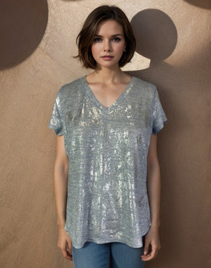 Short Sleeve Foil Print V Neck Top -- Sky Silver (D28813)