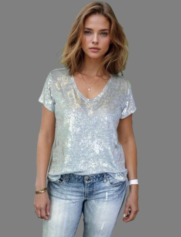 Short Sleeve Foil Print V Neck Top -- Sky Silver (D28813)
