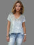Short Sleeve Foil Print V Neck Top -- Sky Silver (D28813)