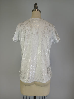 V Neck Knit Top -- Silver Foil Print White S/S D28831