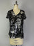 V Neck Knit Top -- Black & Silver Foil Print S/S D28831