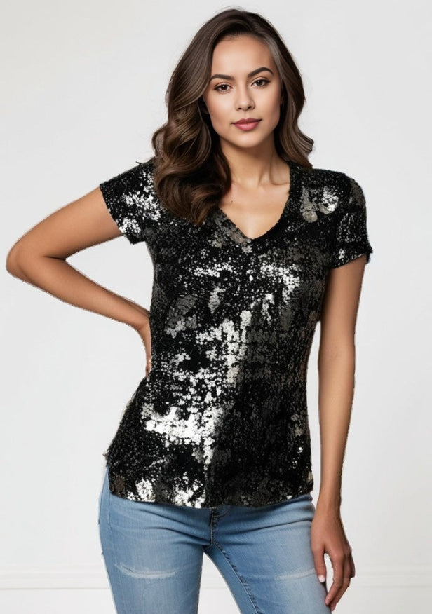 V Neck Knit Top -- Black & Silver Foil Print S/S D28831