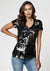 V Neck Knit Top -- Black & Silver Foil Print S/S D28831