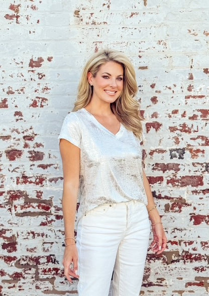 V Neck Knit Top -- Silver Foil Print White S/S D28831