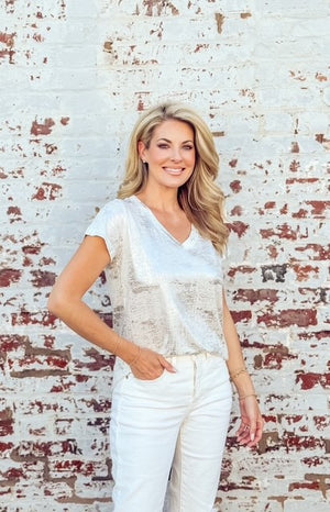 V Neck Knit Top -- Silver Foil Print White S/S D28831