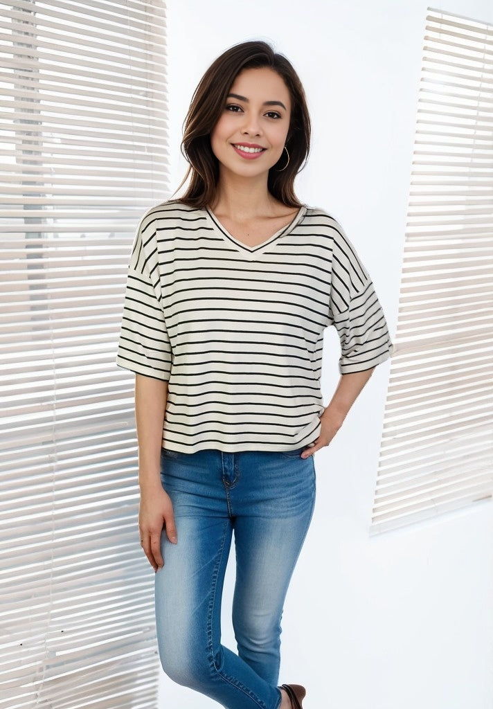 3/4 Sleeve Stripes Printed Knit Top D28836 White
