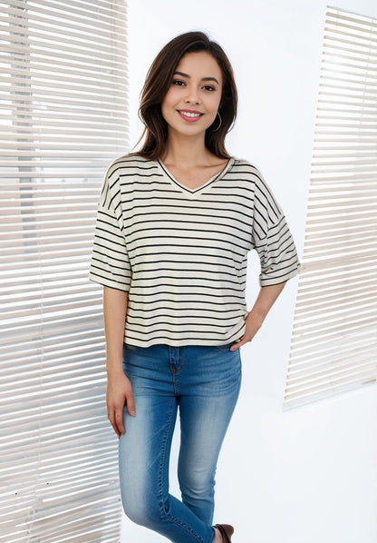 3/4 Sleeve Stripes Printed Knit Top D28836 White