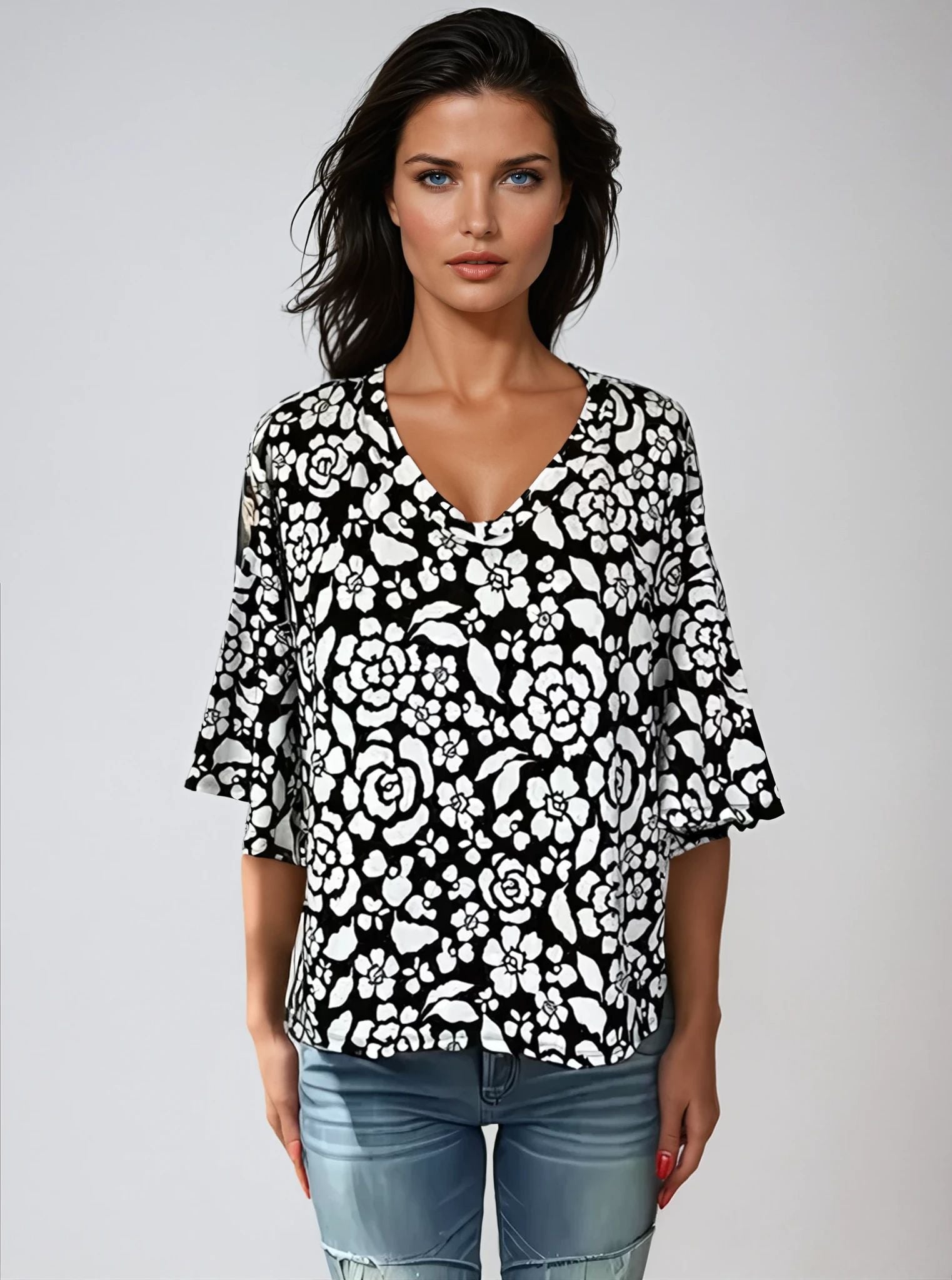 3/4 Sleeve Flower Printed Knit Top D28836