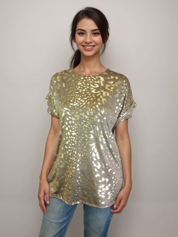 Animal Print Foil Shine Top -- Coffee Gold S/S (D28916)