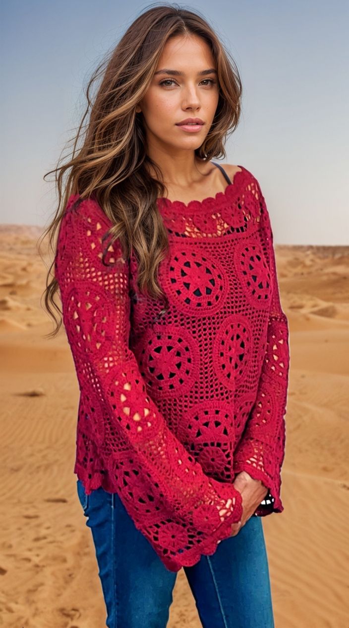 Boatneck Crochet Sweater (D3010) Bourdeaux