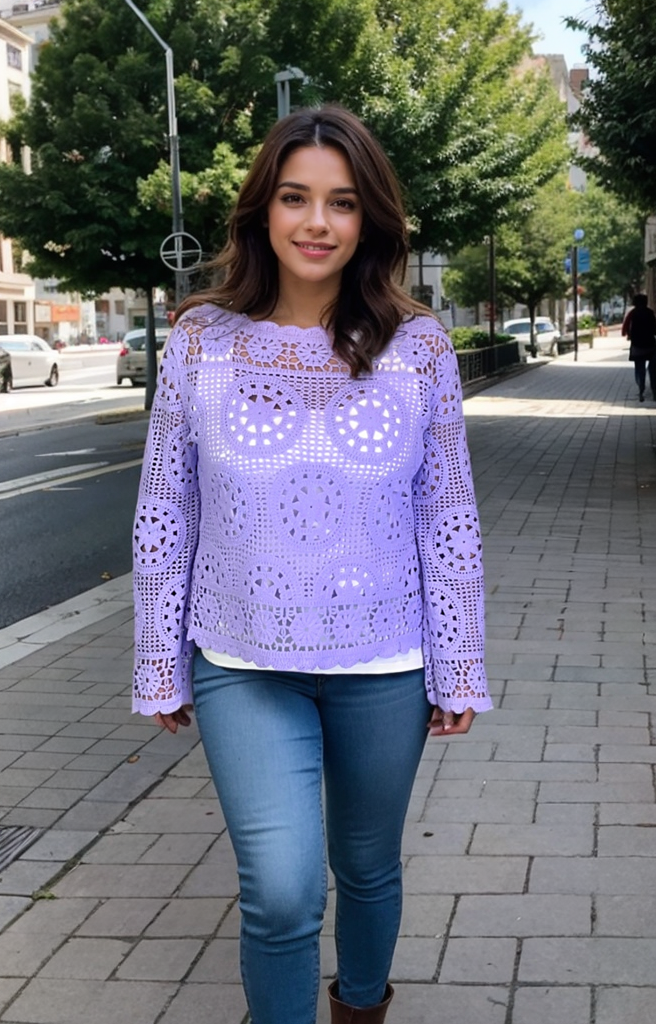 Boatneck Crochet Sweater (D3010) Lavender