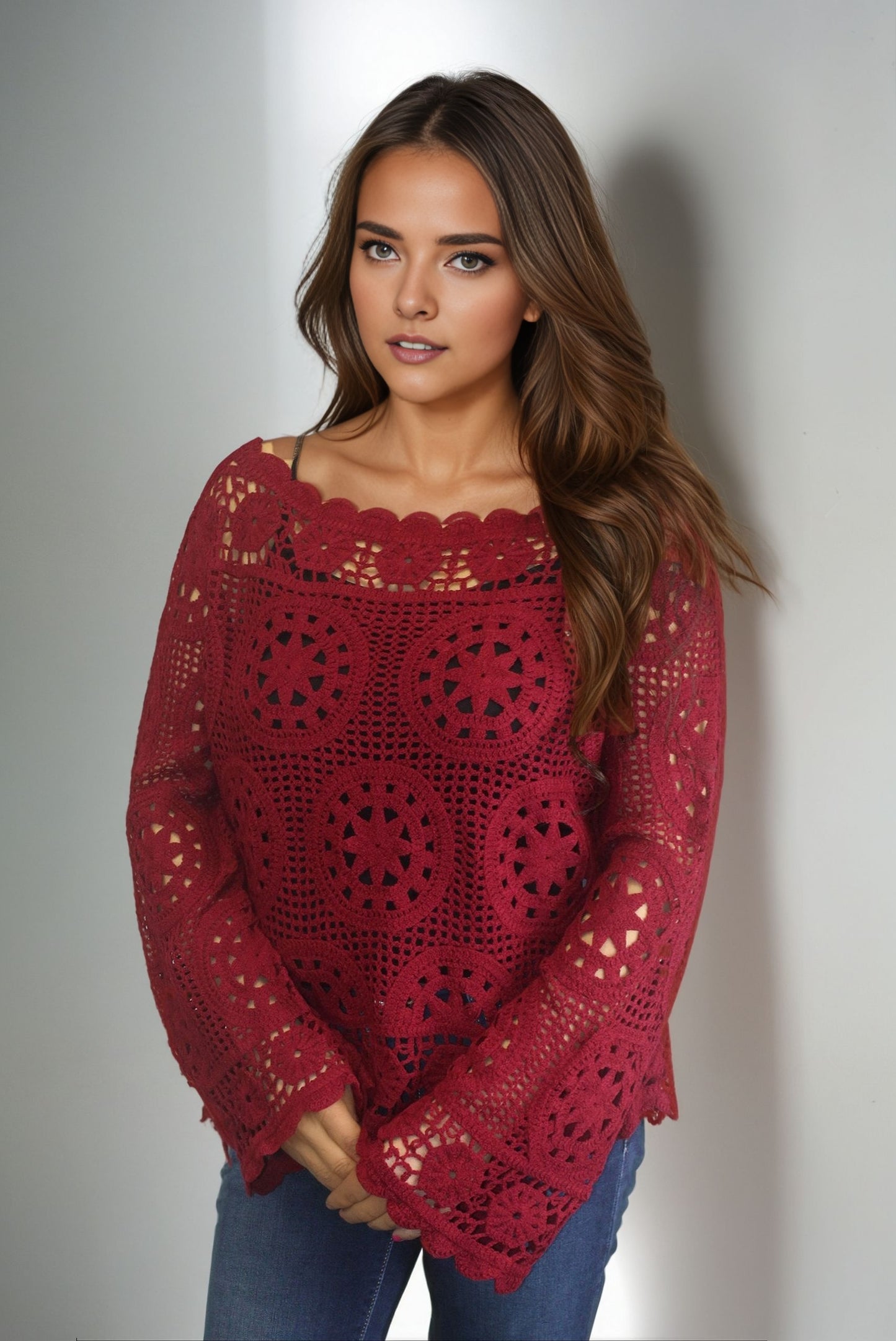Boatneck Crochet Sweater (D3010) Bourdeaux