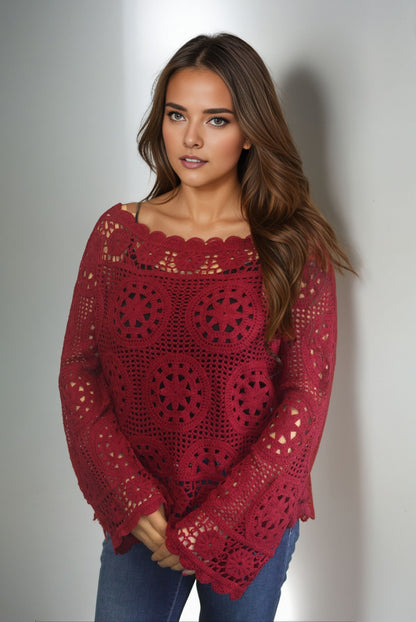 Boatneck Crochet Sweater (D3010) Bourdeaux