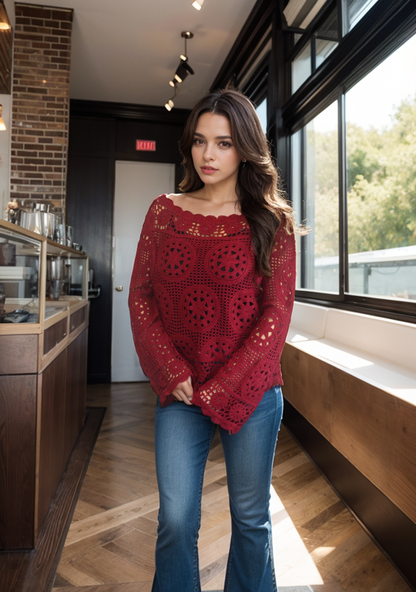 Boatneck Crochet Sweater (D3010) Bourdeaux