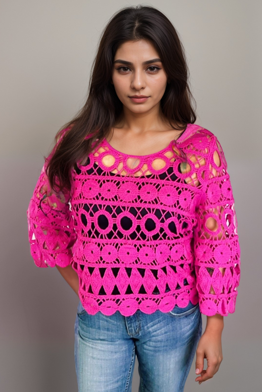 Crochet Sweater with Wrist Sleeve (D3110) Fuschia