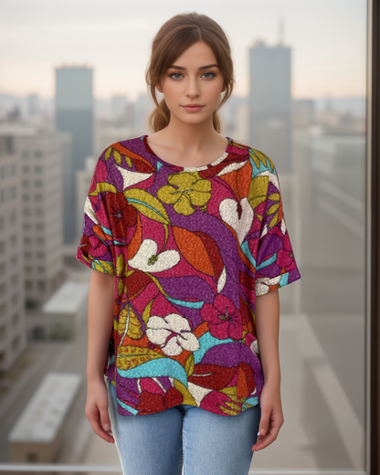 Oversized Drop Shoulder Sweater-Like Yummy Top (D3333) Bright Floral