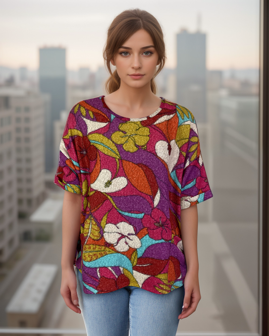Oversized Drop Shoulder Sweater-Like Yummy Top (D3333) Bright Floral