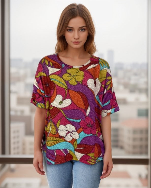 Oversized Drop Shoulder Sweater-Like Yummy Top (D3333) Bright Floral