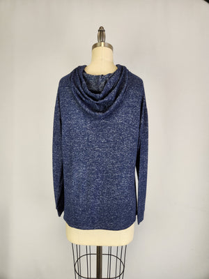 Hooded Sweater-like Top w/ Puff Ball Drawstring - Navy (D400)
