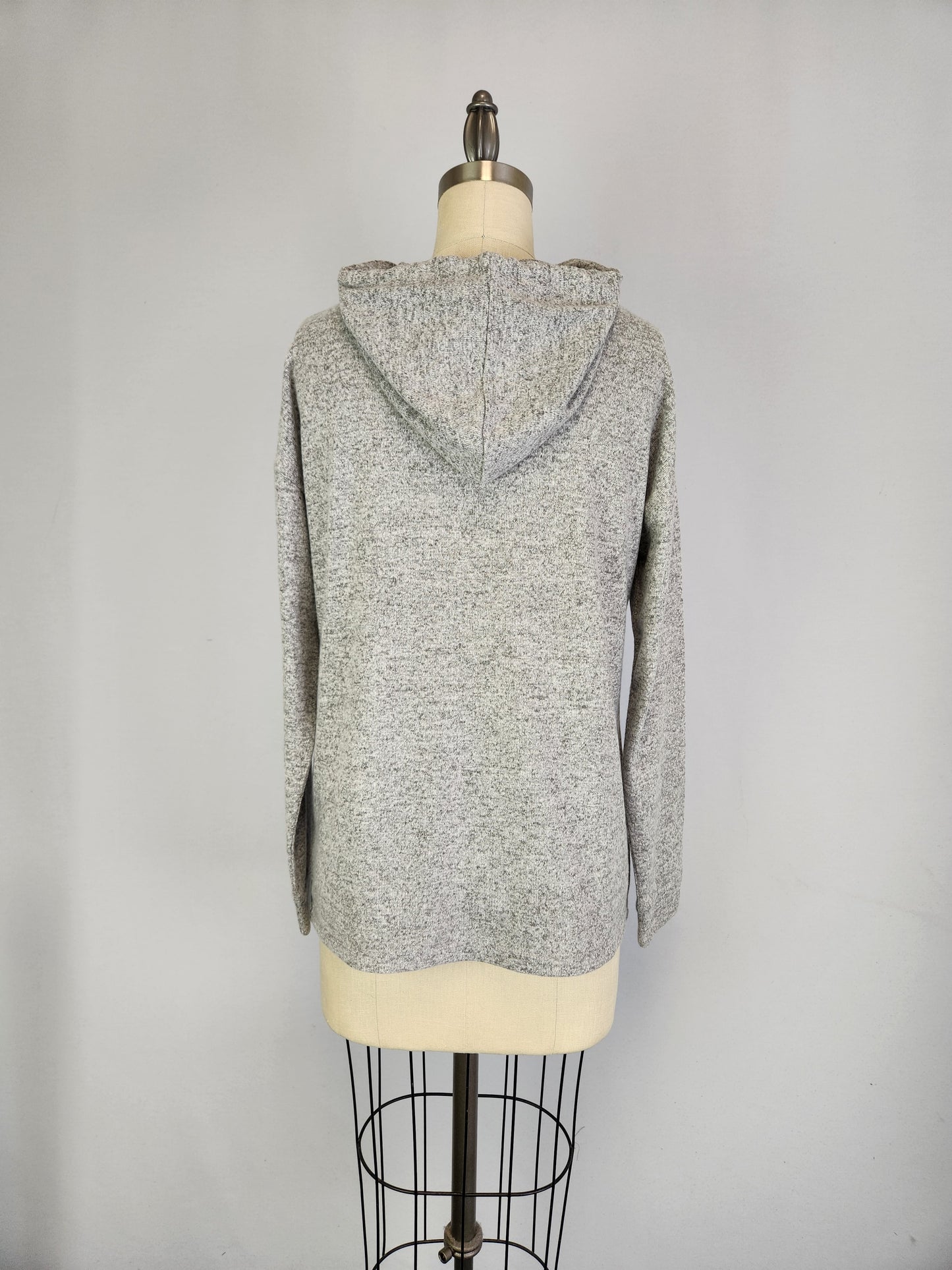 Hooded Sweater-like Top w/ Puff Ball Drawstring - Dk Grey Mélange (D400)