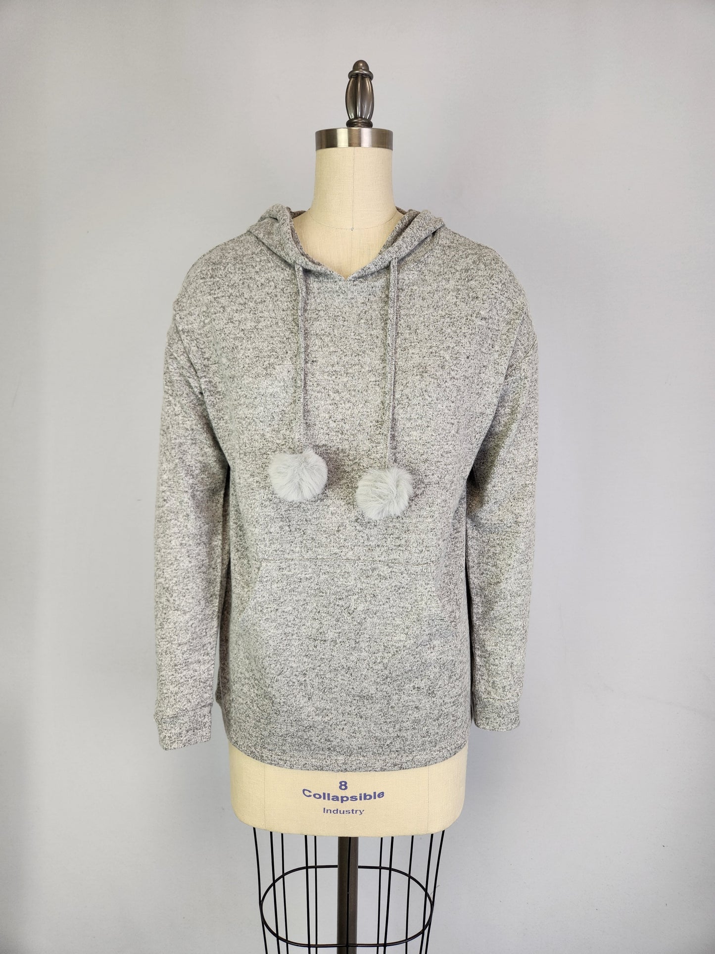 Hooded Sweater-like Top w/ Puff Ball Drawstring - Dk Grey Mélange (D400)