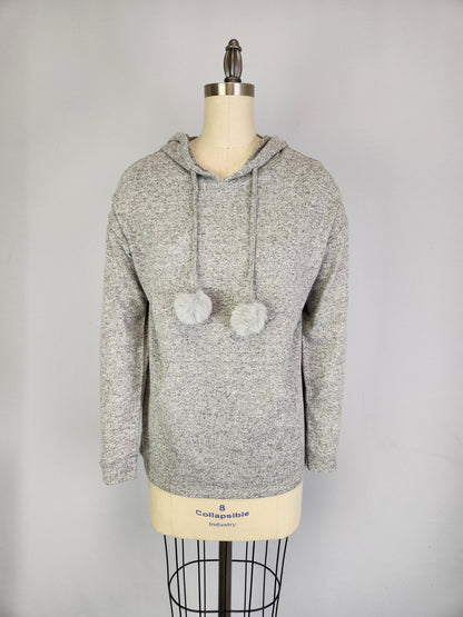 Hooded Sweater-like Top w/ Puff Ball Drawstring - Dk Grey Mélange (D400)