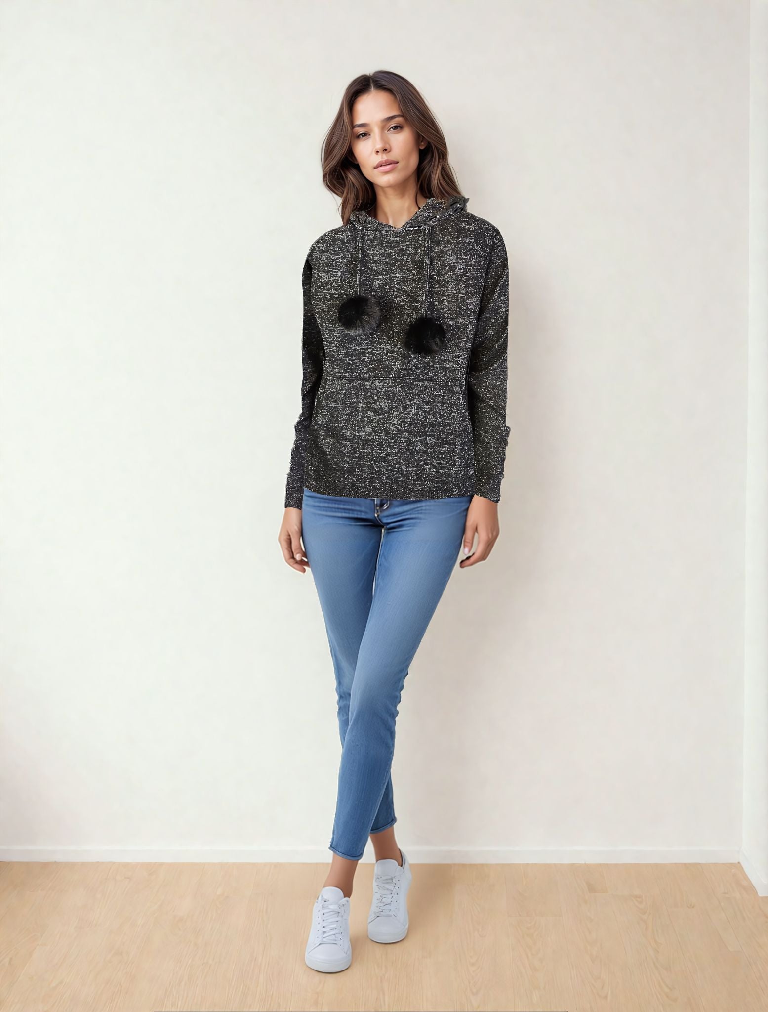 Hooded Sweater-like Top w/ Puff Ball Drawstring - TETRO (D400)