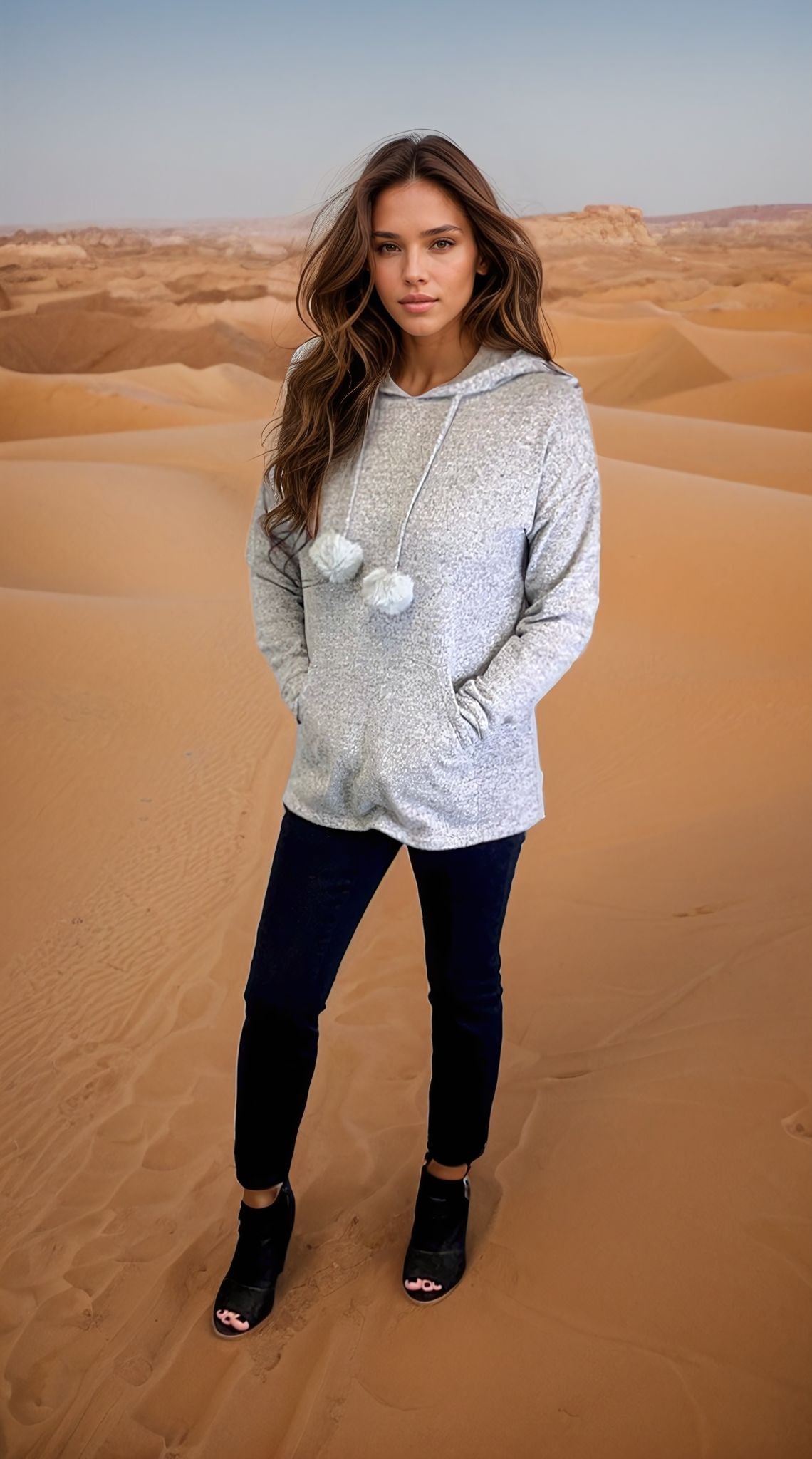 Hooded Sweater-like Top w/ Puff Ball Drawstring - Dk Grey Mélange (D400)