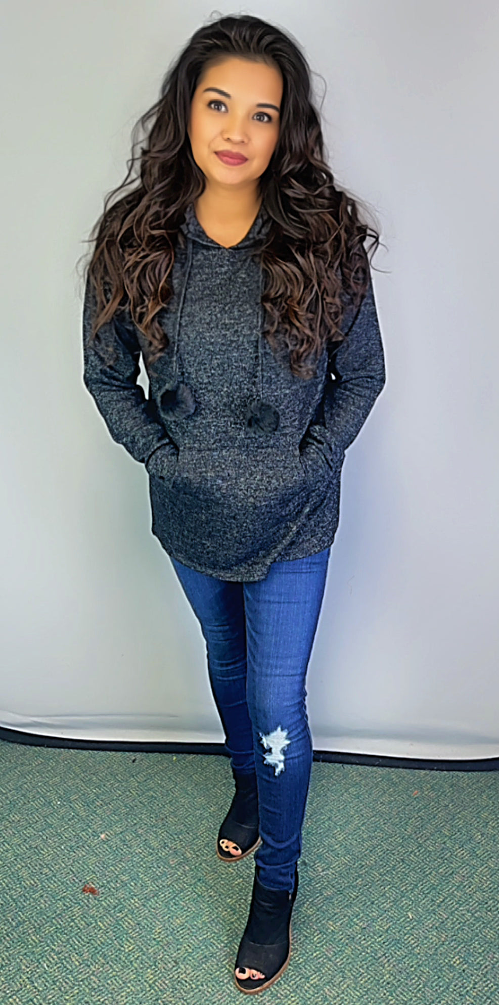 Hooded Sweater-like Top w/ Puff Ball Drawstring - Navy (D400)