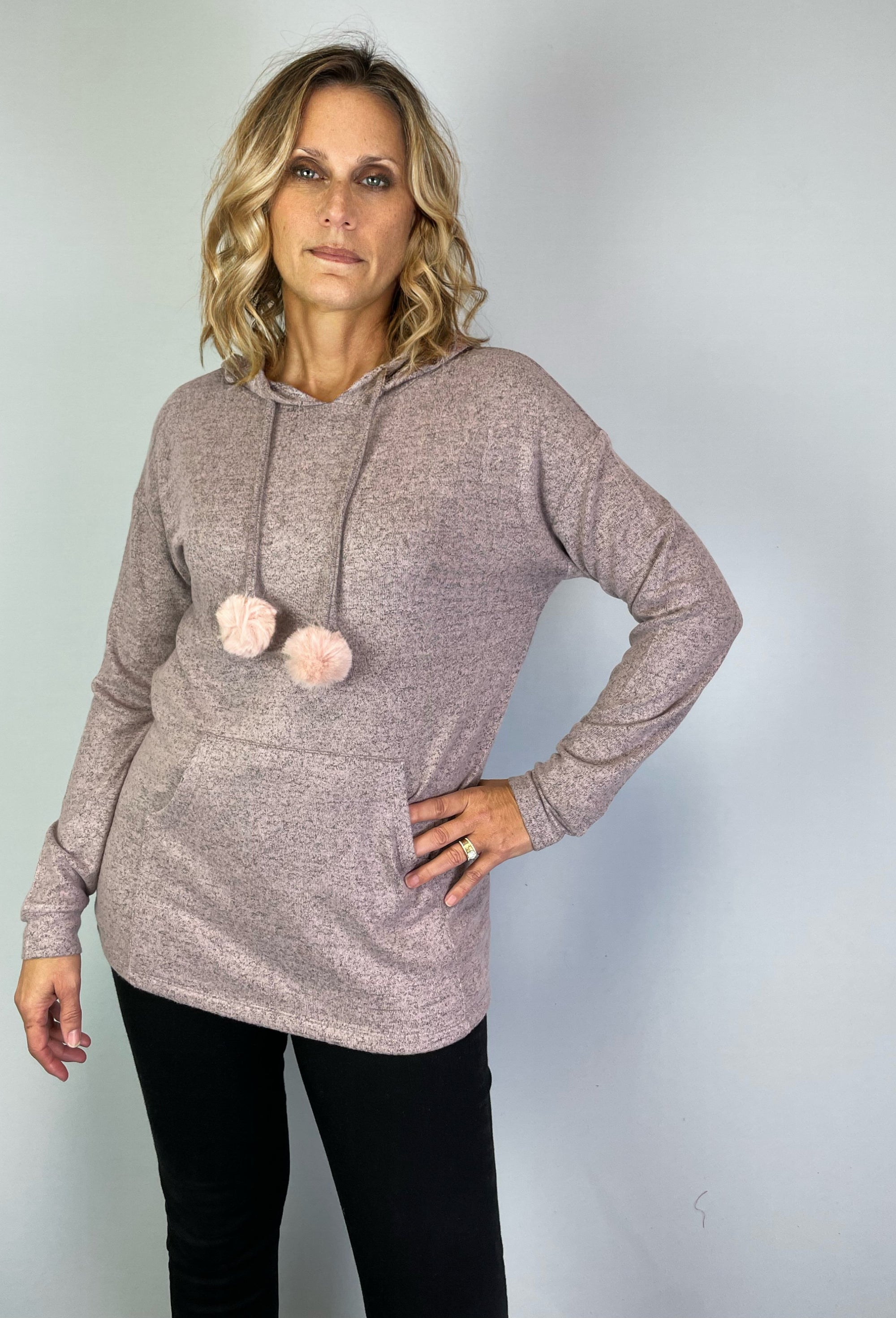 Hooded Sweater-like Top w/ Puff Ball Drawstring - Pambe (D400)