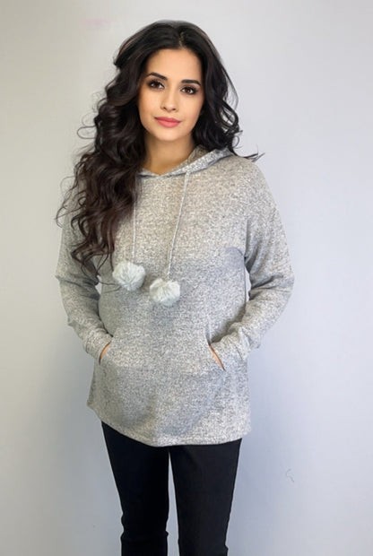 Hooded Sweater-like Top w/ Puff Ball Drawstring - Dk Grey Mélange (D400)