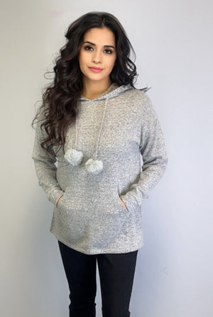 Hooded Sweater-like Top w/ Puff Ball Drawstring - Dk Grey Mélange (D400)