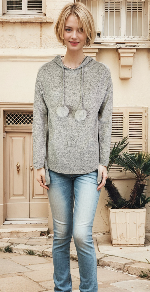 Hooded Sweater-like Top w/ Puff Ball Drawstring - Dk Grey Mélange (D400)