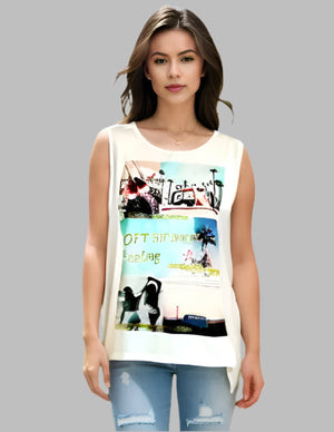 Sleeveless Knit Print Top with Mesh Printed Overlay (D500F)