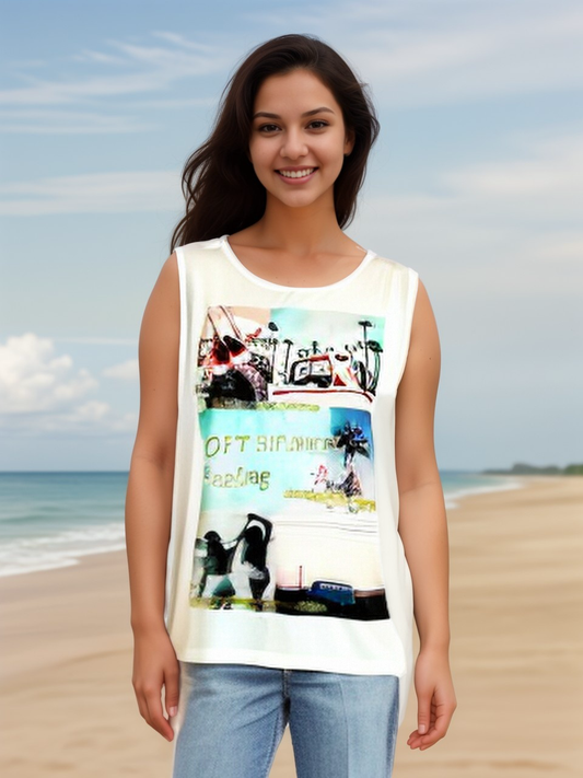Sleeveless Knit Print Top with Mesh Printed Overlay (D500F)