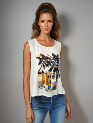 Sleeveless Knit Print Top with Mesh Printed Overlay (D500W)