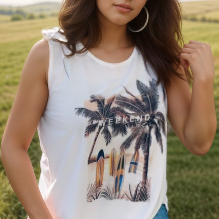 Sleeveless Knit Print Top with Mesh Printed Overlay (D500W)