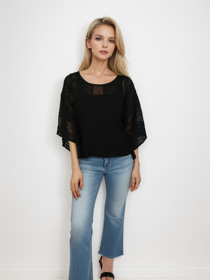 Lace Shoulder Boxy Oversized Blouse - Black (D560R)
