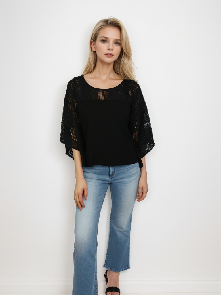 Lace Shoulder Boxy Oversized Blouse - Black (D560R)
