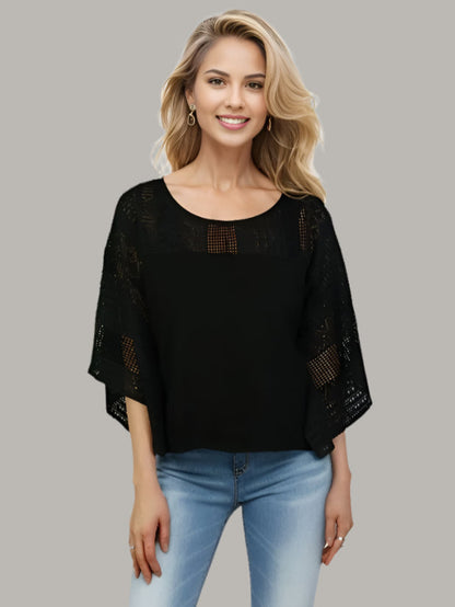 Lace Shoulder Boxy Oversized Blouse - Black (D560R)