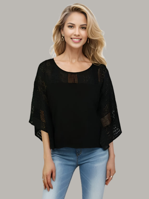 Lace Shoulder Boxy Oversized Blouse - Black (D560R)