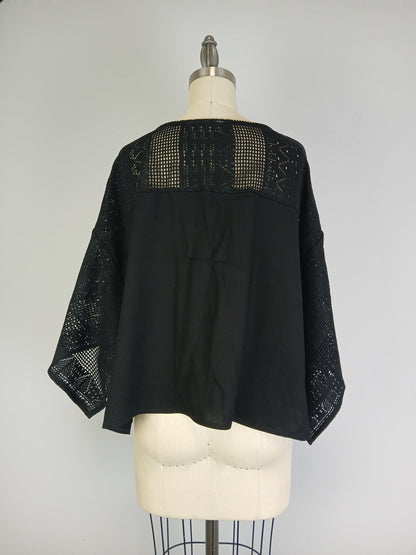 Lace Shoulder Boxy Oversized Blouse - Black (D560R)