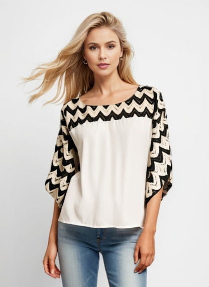 Lace Shoulder Boxy Oversized Blouse -- Ecru & Black (D560R)