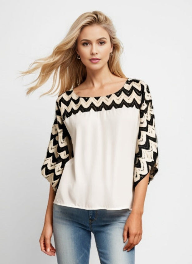 Lace Shoulder Boxy Oversized Blouse -- Ecru & Black (D560R)