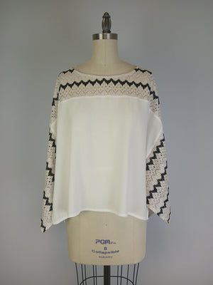 Lace Shoulder Boxy Oversized Blouse -- Ecru & Black (D560R)