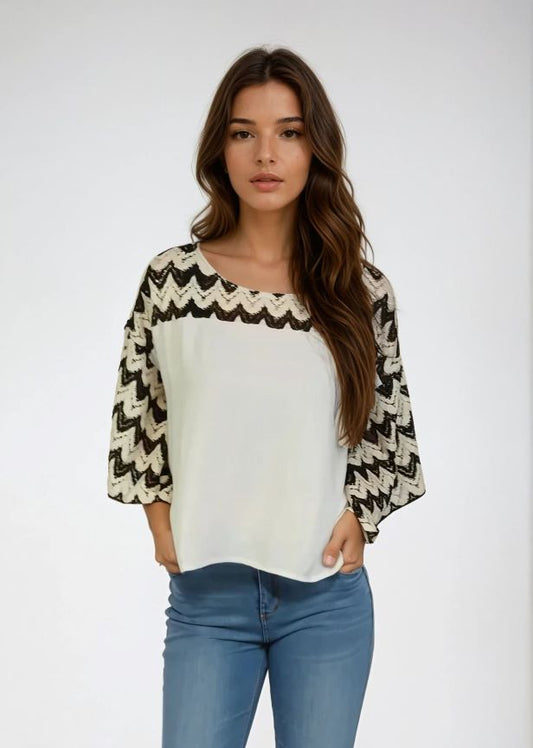 Lace Shoulder Boxy Oversized Blouse -- Ecru & Black (D560R)